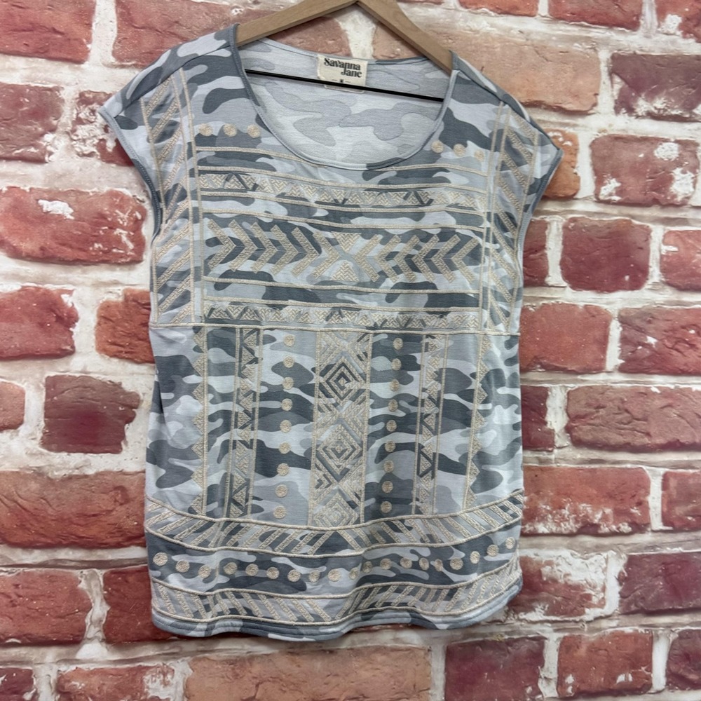 Anthropologie Savanna Jane Shirt Women's M Boho Aztec Camo Embroidered Top - Picture 2 of 8